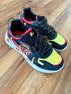 Skechers Kids Black Red Neon Yellow Flame Velcro Sneakers